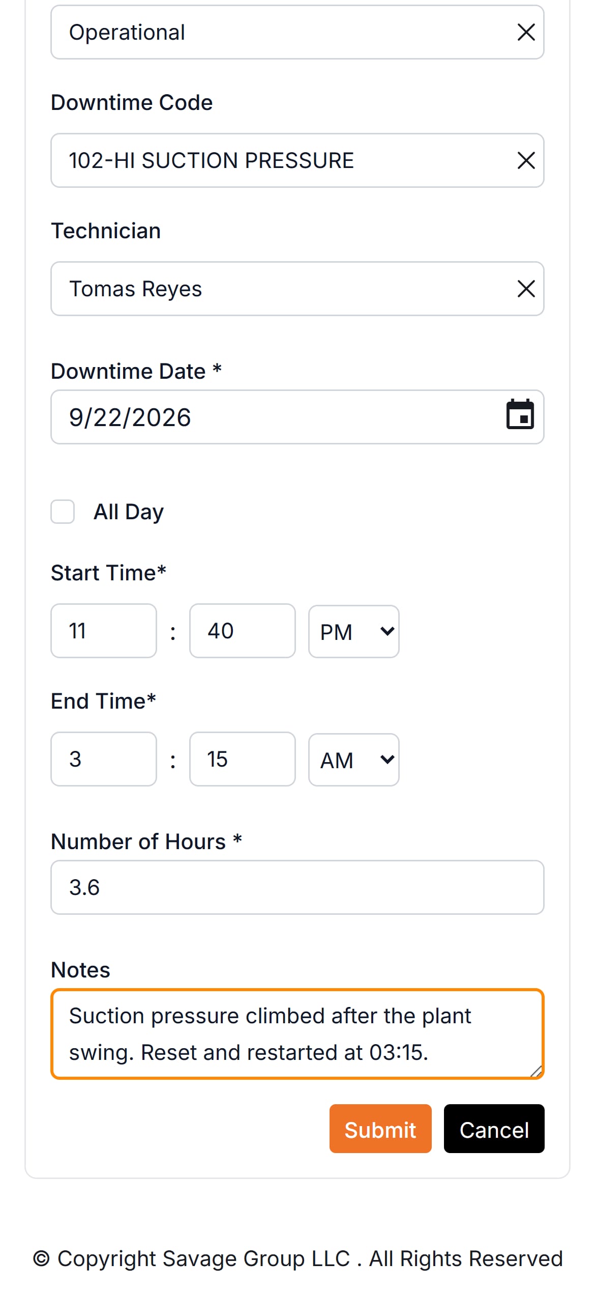 Downtime entry on the phone for Unit 14: Operational, code 102 HI SUCTION PRESSURE, 3.6 hours