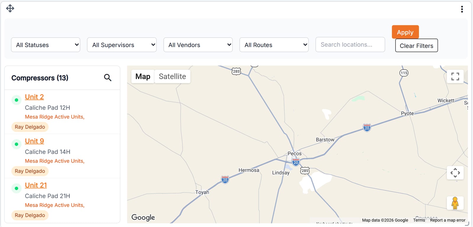 Dashboard unit list and map: Unit 2, Unit 9 and Unit 21 at Caliche Pad with green running dots, beside the map of the fictional Mesa Ridge area