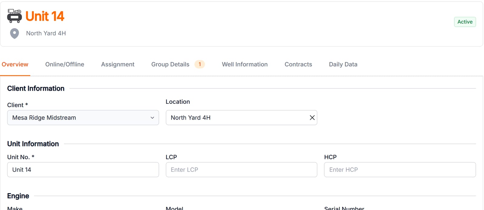 Unit record for Unit 14 at North Yard 4H: overview, online history, assignment, group, wells, contracts and daily data tabs
